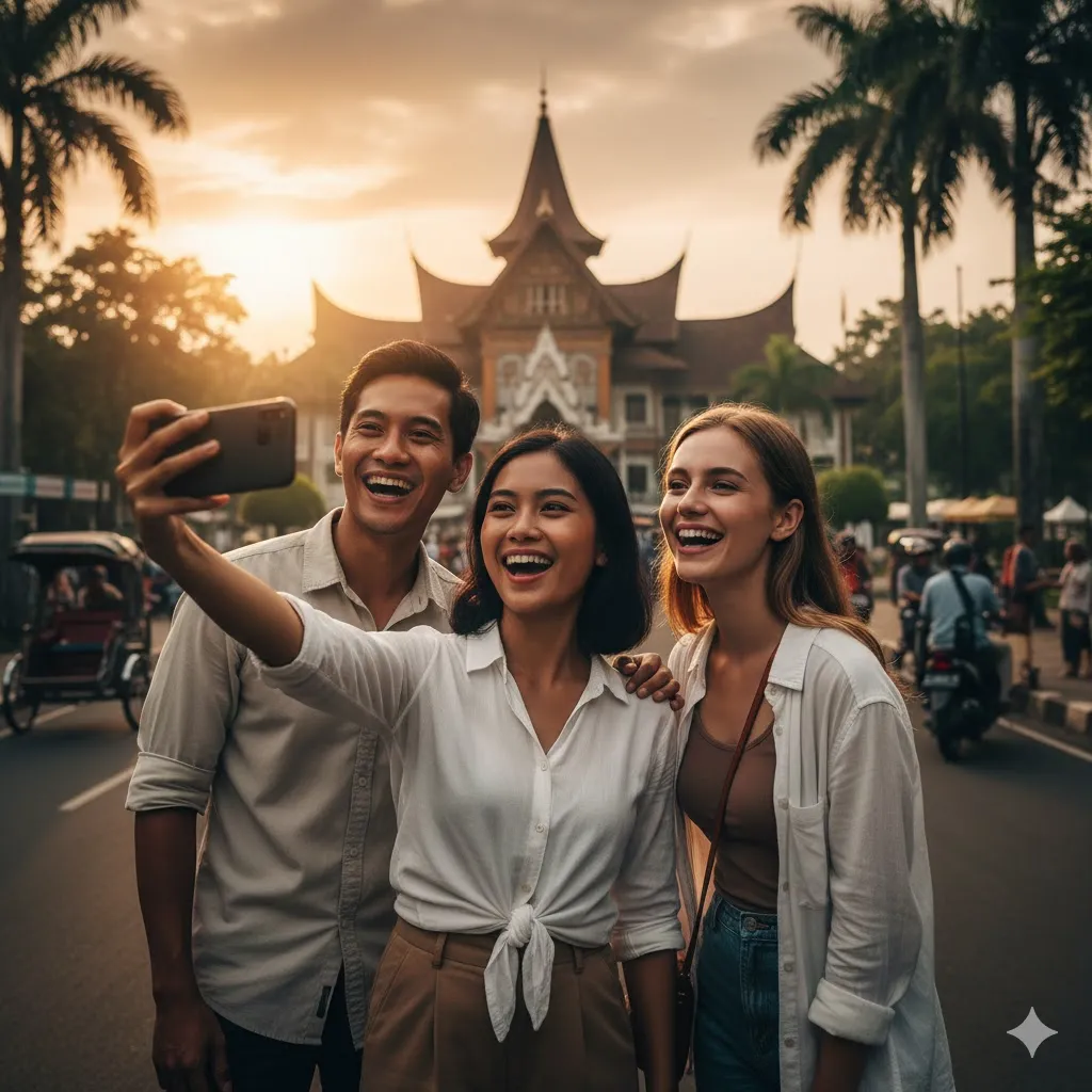 seorang bule selfie bersama orang lokal pria dan wanita