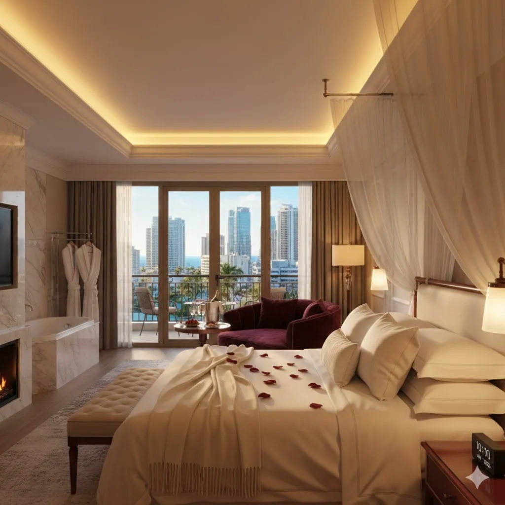 romantic luxury hotel room for couples with soft lighting, balcony view, intimate atmosphere, elegant decor