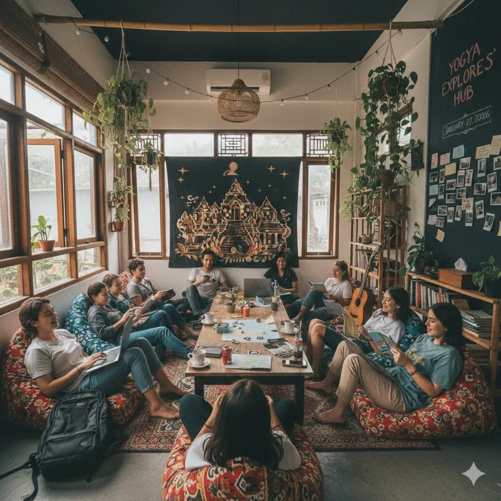 Happy hostel guests lounging together in a popular Yogyakarta hostel common area