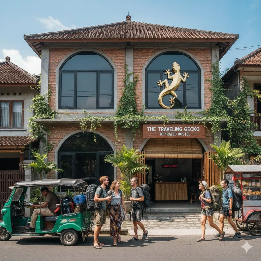 Happy hostel guests lounging together in a popular Yogyakarta hostel common
