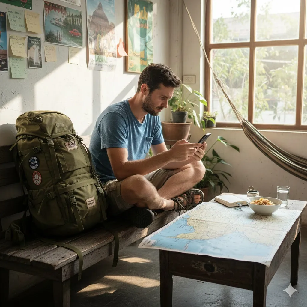 Backpacker checking hostel reviews on a smartphone while planning route