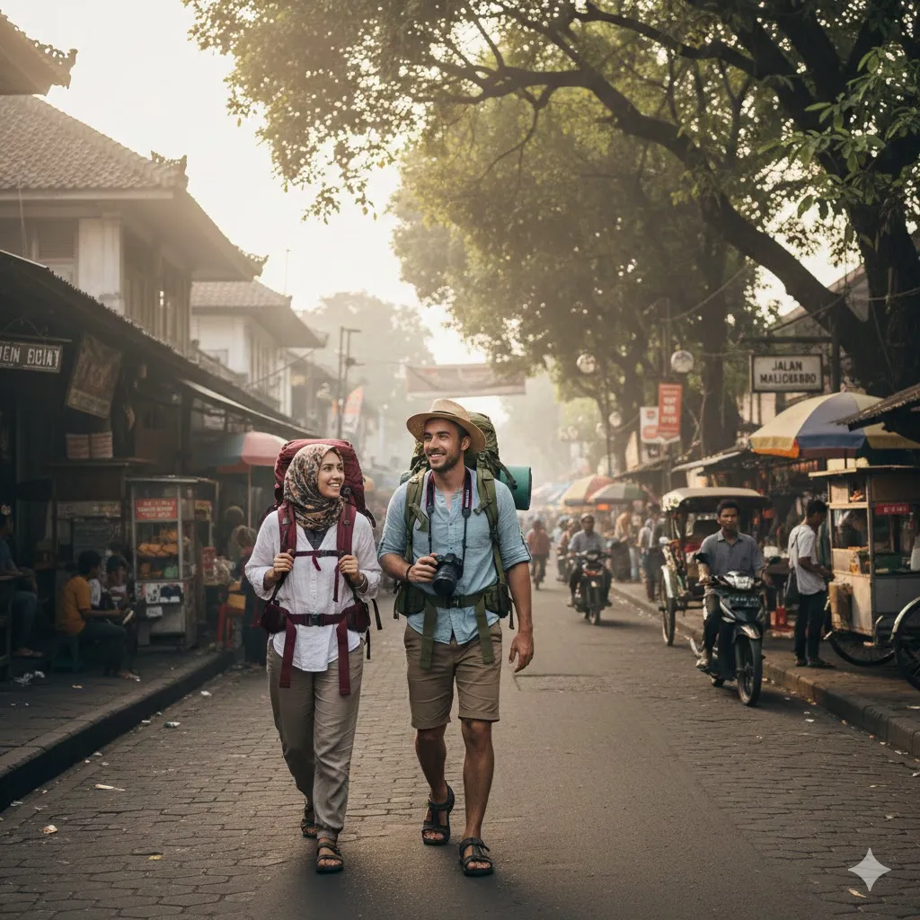 Backpackers walking near Malioboro Street in Yogyakarta