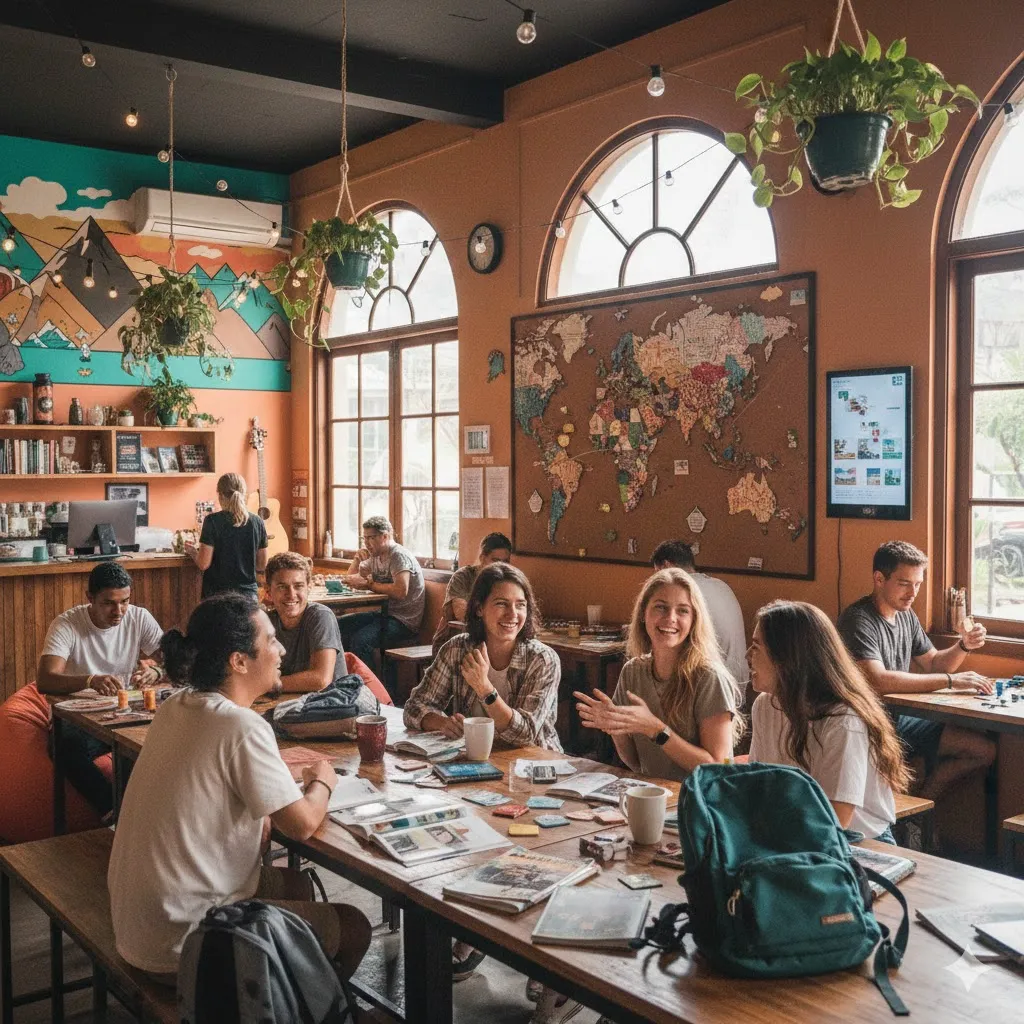 "young travelers chilling and chatting in a vibrant hostel common area with communal tables and travel maps, friendly social atmosphere"