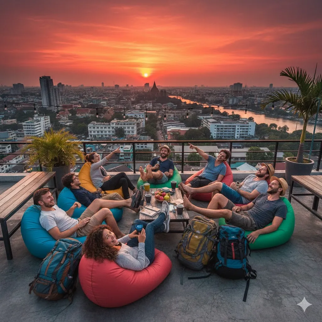 diverse group of backpackers enjoying a hostel rooftop view of a sunset city skyline, relaxed travel moment