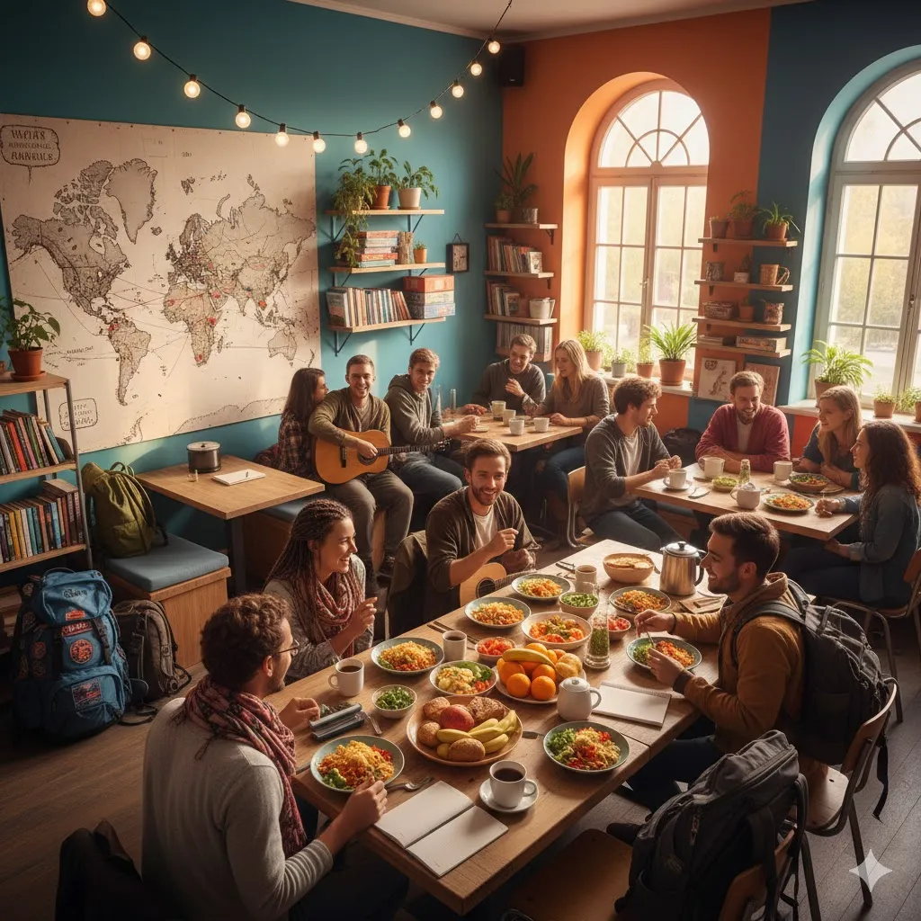 backpackers socializing in a vibrant hostel common area with travel maps and shared meals, energetic and welcoming scene
